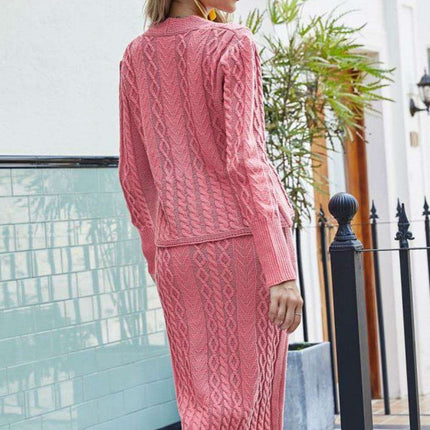 Chic V-Neck Knit Cardigan and Skirt Set