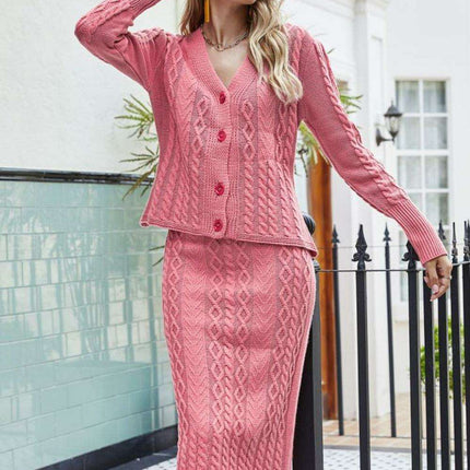 Chic V-Neck Knit Cardigan and Skirt Set