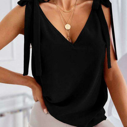 Chic V-Neck Tank Top with Lace-Up Bow Detail and Sleeveless Design - Très Elite