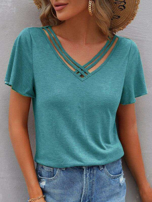 Chic V-Neck Tee with Cross Straps - Effortless Everyday Elegance