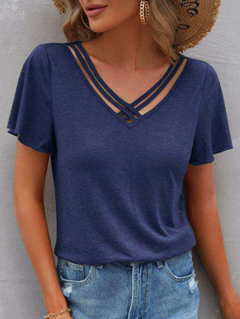 Chic V-Neck Tee with Cross Straps - Effortless Everyday Elegance