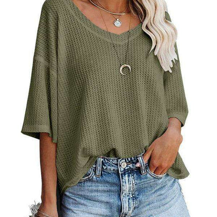 Chic V-Neck Waffle Knit Oversized Tee - Women's Summer Essential Top - Très Elite