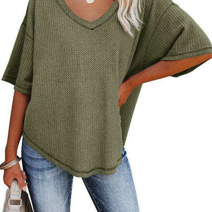 Chic V-Neck Waffle Knit Oversized Tee - Women's Summer Essential Top - Très Elite