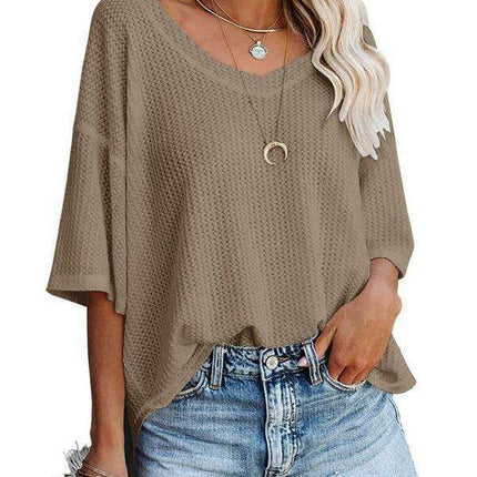 Chic V-Neck Waffle Knit Oversized Tee - Women's Summer Essential Top - Très Elite