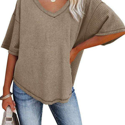 Chic V-Neck Waffle Knit Oversized Tee - Women's Summer Essential Top - Très Elite