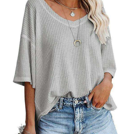 Chic V-Neck Waffle Knit Oversized Tee - Women's Summer Essential Top - Très Elite
