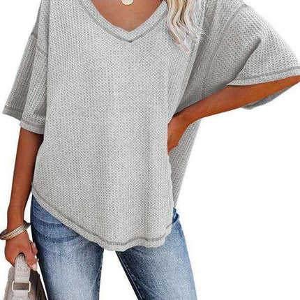 Chic V-Neck Waffle Knit Oversized Tee - Women's Summer Essential Top - Très Elite