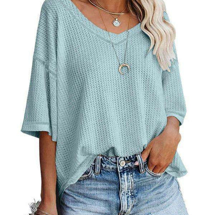 Chic V-Neck Waffle Knit Oversized Tee - Women's Summer Essential Top - Très Elite