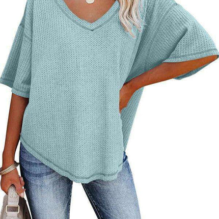 Chic V-Neck Waffle Knit Oversized Tee - Women's Summer Essential Top - Très Elite