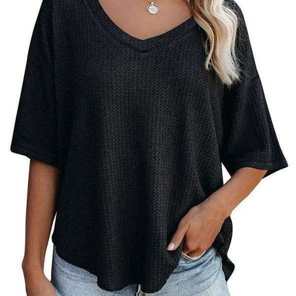 Chic V-Neck Waffle Knit Oversized Tee - Women's Summer Essential Top - Très Elite