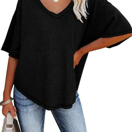 Chic V-Neck Waffle Knit Oversized Tee - Women's Summer Essential Top - Très Elite