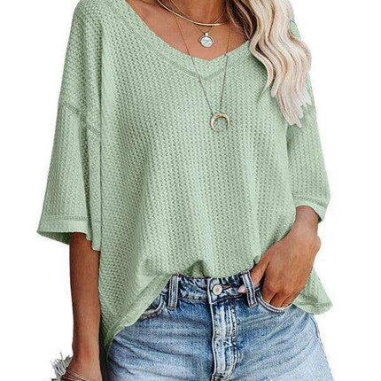 Chic V-Neck Waffle Knit Oversized Tee - Women's Summer Essential Top - Très Elite