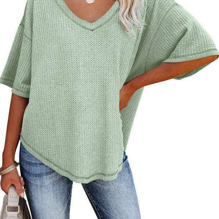 Chic V-Neck Waffle Knit Oversized Tee - Women's Summer Essential Top - Très Elite
