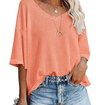 Chic V-Neck Waffle Knit Oversized Tee - Women's Summer Essential Top - Très Elite