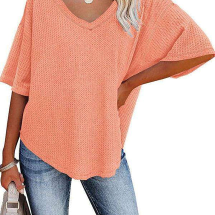 Chic V-Neck Waffle Knit Oversized Tee - Women's Summer Essential Top - Très Elite
