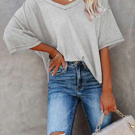 Chic V-Neck Waffle Knit Oversized Tee - Women's Summer Essential Top