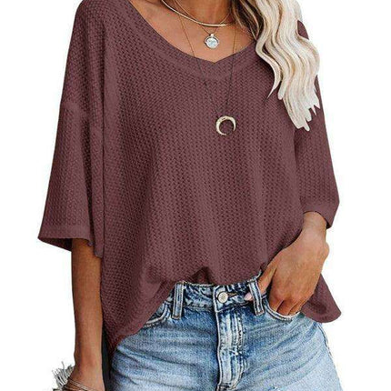 Chic V-Neck Waffle Knit Oversized Tee - Women's Summer Essential Top - Très Elite