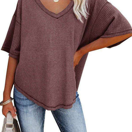 Chic V-Neck Waffle Knit Oversized Tee - Women's Summer Essential Top - Très Elite