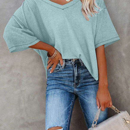 Chic V-Neck Waffle Knit Oversized Tee - Women's Summer Essential Top