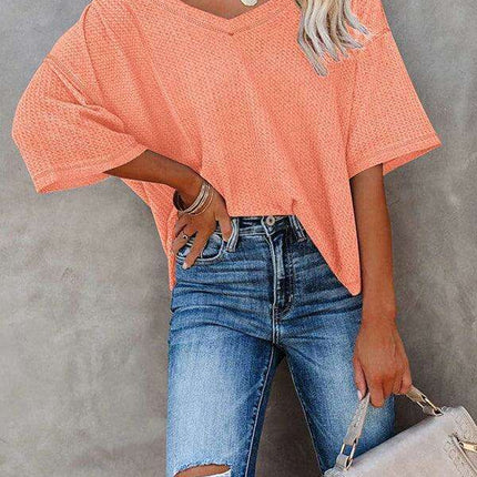 Chic V-Neck Waffle Knit Oversized Tee - Women's Summer Essential Top