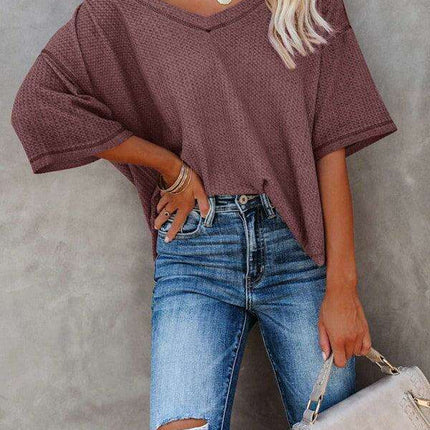 Chic V-Neck Waffle Knit Oversized Tee - Women's Summer Essential Top
