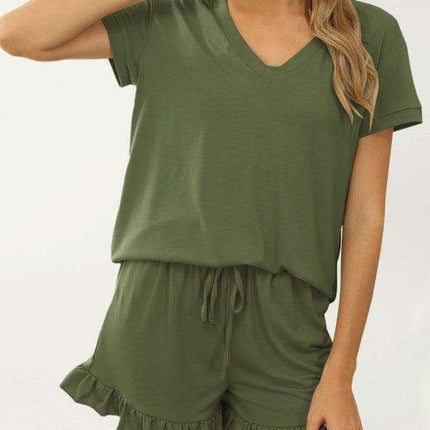 Chic V-neck Ruffled Hem Lounge Set for Women