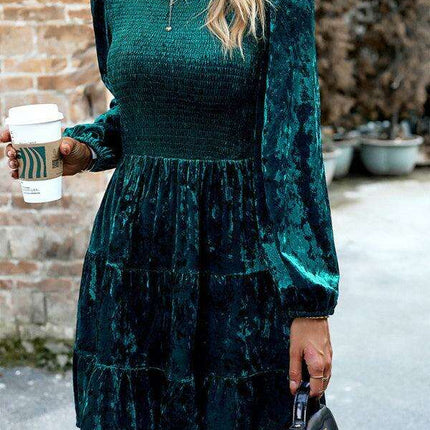 Chic Velvet Delight: Contemporary Round Neck Dress with Stylish Dropped Sleeves - Très Elite