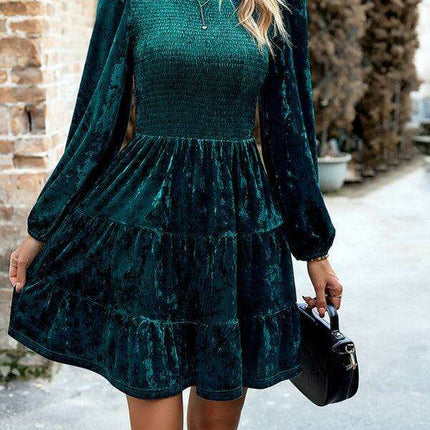 Chic Velvet Delight: Contemporary Round Neck Dress with Stylish Dropped Sleeves - Très Elite