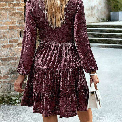 Chic Velvet Delight: Contemporary Round Neck Dress with Stylish Dropped Sleeves - Très Elite
