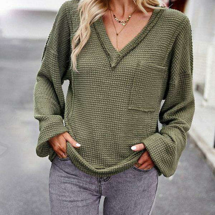 Chic Waffle Knit V-Neck Top - Your Essential Comfort Piece