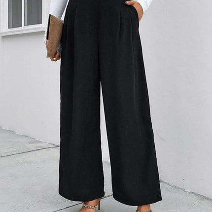 Chic Women's Elastic Waist Wide Leg Trousers with Functional Pockets - Très Elite
