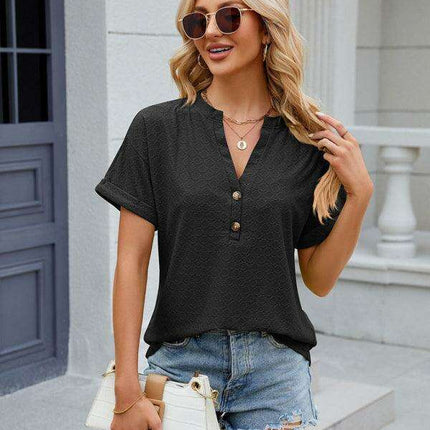 Chic Women's V-neck Button-Up Casual Tee with Short Sleeves