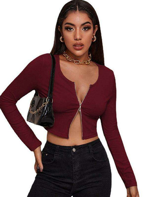 Chic Women's Zip-Up Long Sleeve Blouse with Rounded Neckline