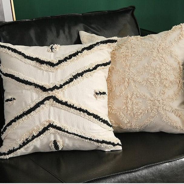 Chic Yellow and Grey Embroidered Cotton Pillow Cover with Tassel Accents