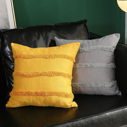 Chic Yellow and Grey Embroidered Cotton Pillow Cover with Tassel Accents - Très Elite
