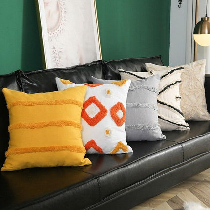 Chic Yellow and Grey Embroidered Cotton Pillow Cover with Tassel Accents - Très Elite