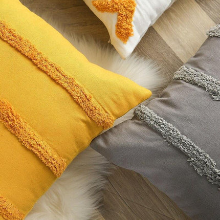Chic Yellow and Grey Embroidered Cotton Pillow Cover with Tassel Accents - Très Elite