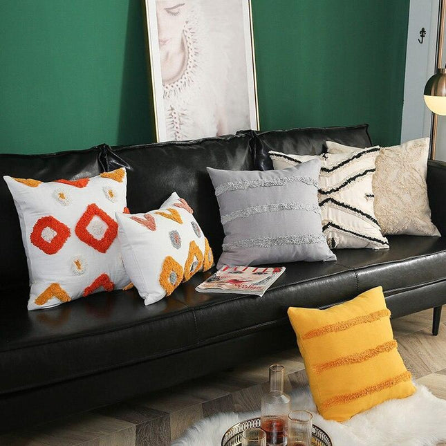 Chic Yellow and Grey Embroidered Cotton Pillow Cover with Tassel Accents