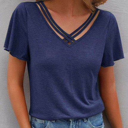 Chic V-Neck Tee with Cross Straps - Effortless Everyday Elegance