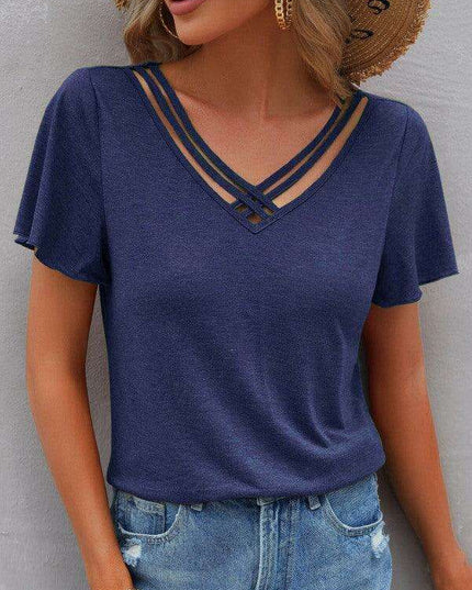 Chic V-Neck Tee with Cross Straps - Effortless Everyday Elegance
