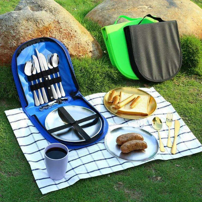 Compact Picnic Dining Set for Two - Durable Stainless Steel with Colorful Cloth Kit