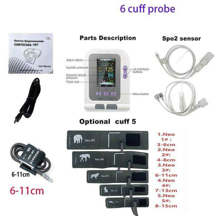 Comprehensive Veterinary Blood Pressure and Oxygen Monitoring System with Adjustable Cuff Sizes