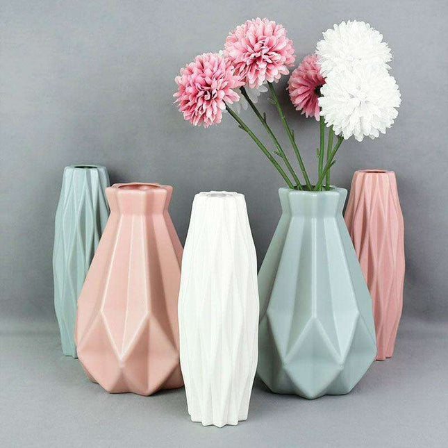 Contemporary Scandinavian Pink and White Plastic Floral Vase - Chic Home Accent