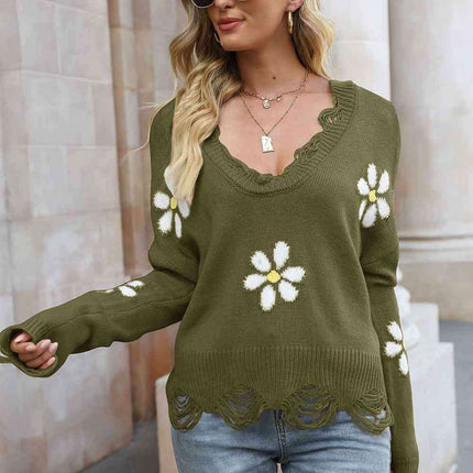 Cozy Blossom Distressed Knit Sweater