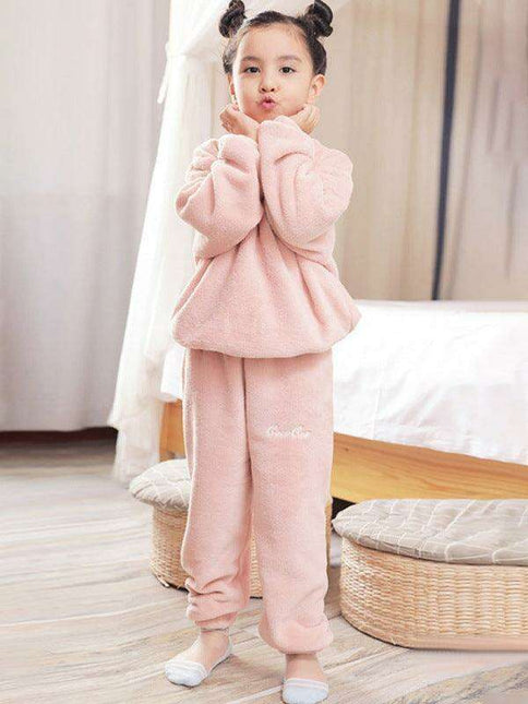 Cozy Embroidered Coral Fleece Pajama Set for Kids - Winter Warmth