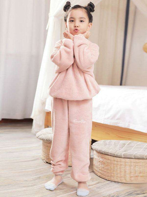 Cozy Embroidered Coral Fleece Pajama Set for Kids - Winter Warmth