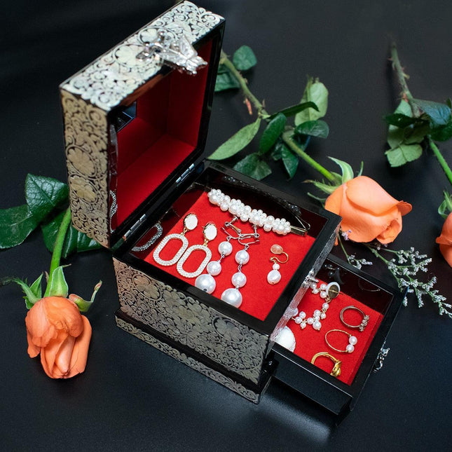 Crane Serenity: Dual-Layer Mother of Pearl Jewelry Organizer with Mirror