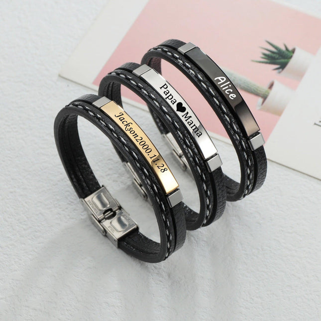 Customizable Premium Leather Name Engraved Bracelet - Elegant Wristband