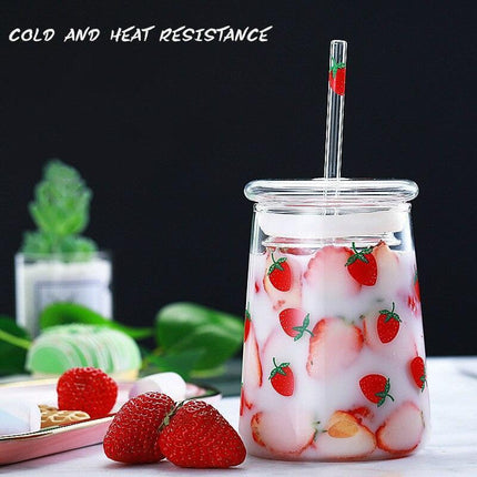Cute Strawberry-Themed Glass Tumbler with Straw - 600ML Capacity
