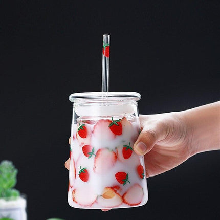 Cute Strawberry-Themed Glass Tumbler with Straw - 600ML Capacity